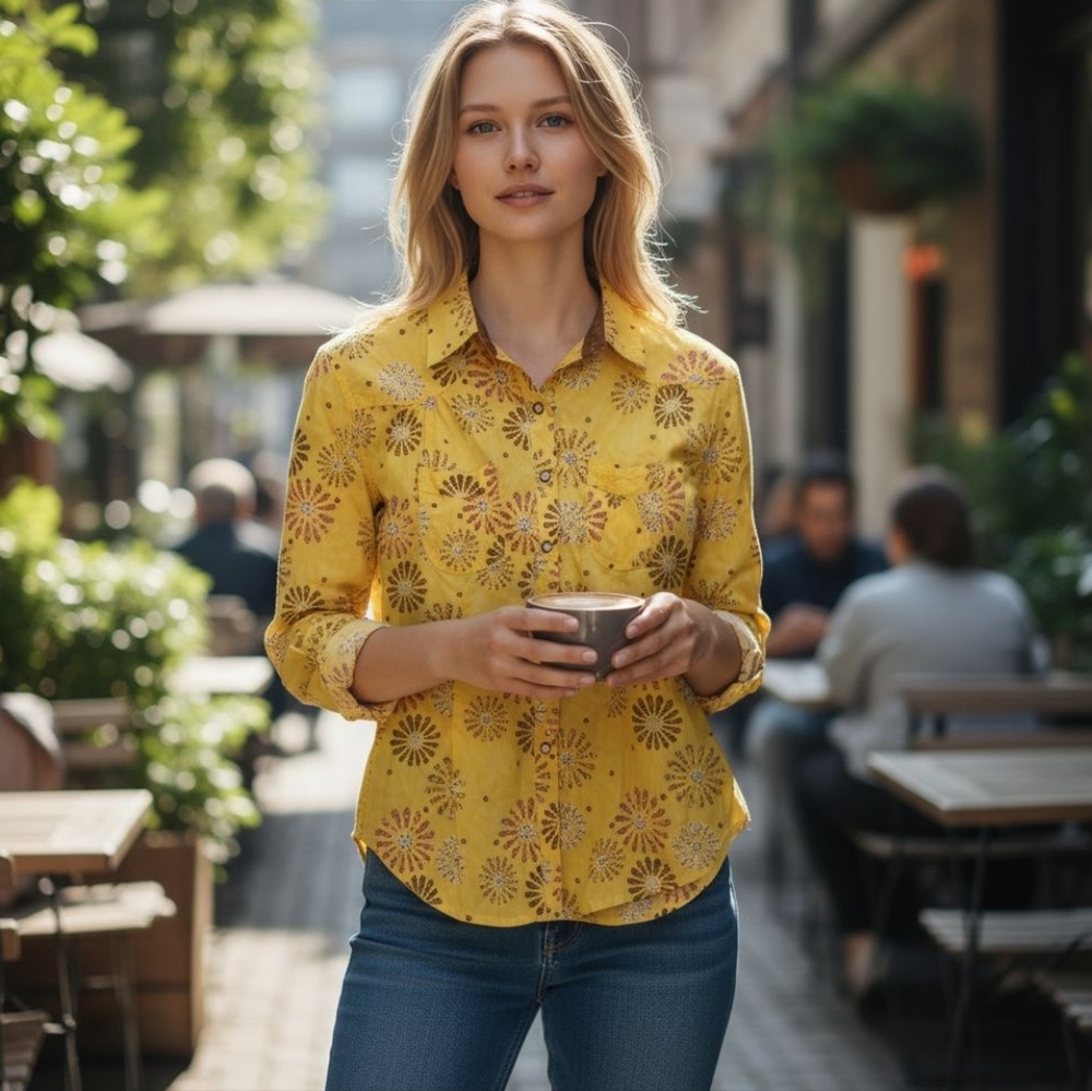 Ultra Twenty X Sunshine Yellow Floral Button Down Shirt Size L Boho Western